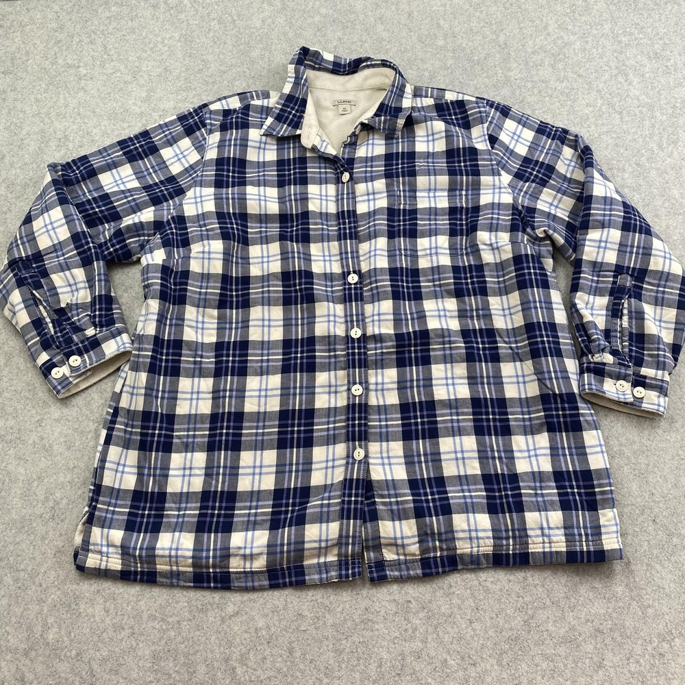 L.L.Bean Jacket Womens 1X Blue Plaid Flannel Fleece Lined Button Front Shacket